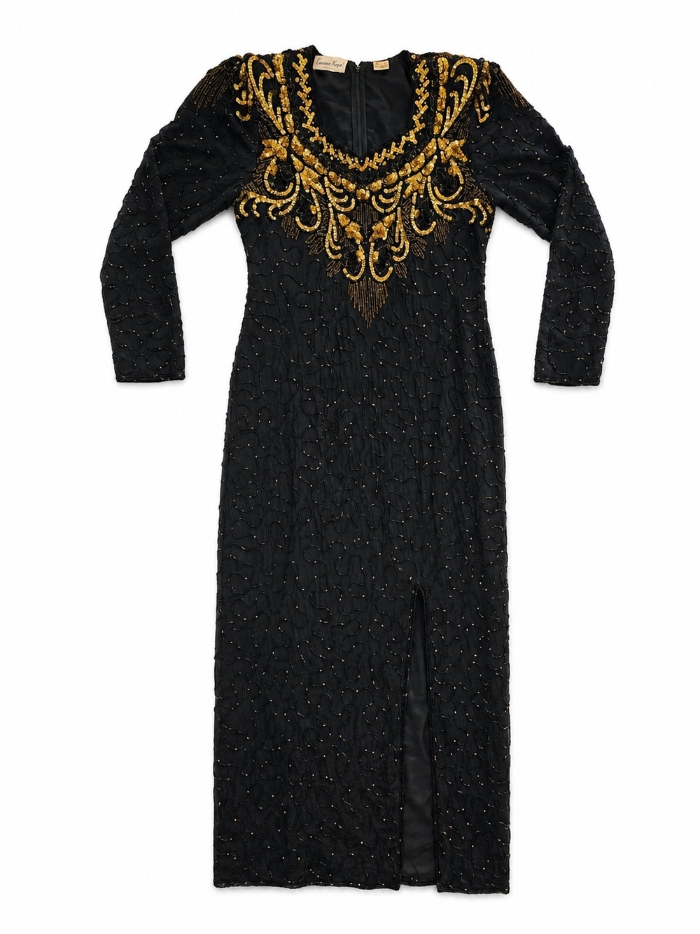Vintage Lawrence Kazer Embellished Black Evening Dress with Gold Beaded Detail